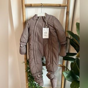 Zara NWT 6-9 Months Quilted Heat-Sealed Coveralls Brown Taupe with Sherpa Lining